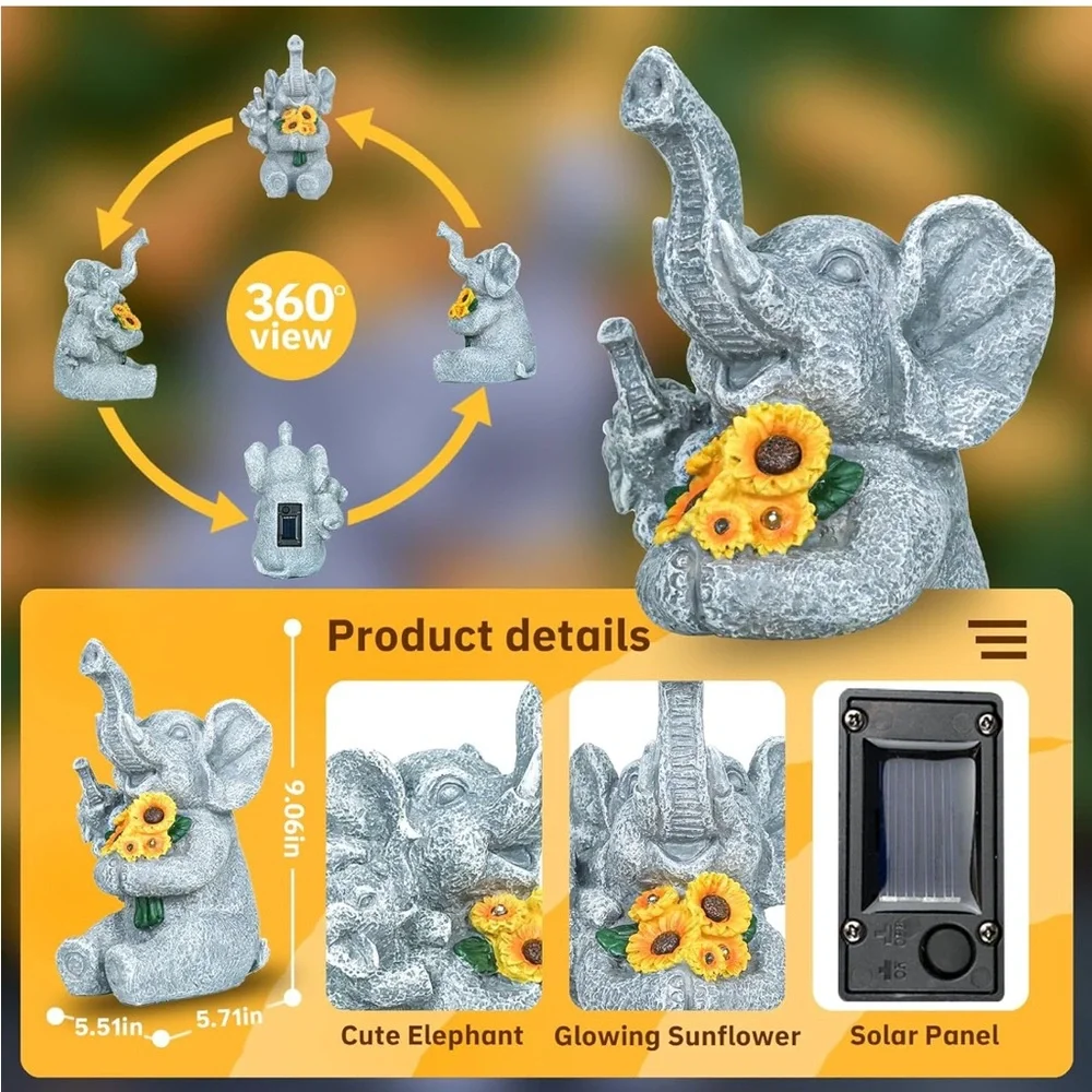 Elephant and Sunflower Figurine with Lights, Outdoor Decorations for Yard, patio